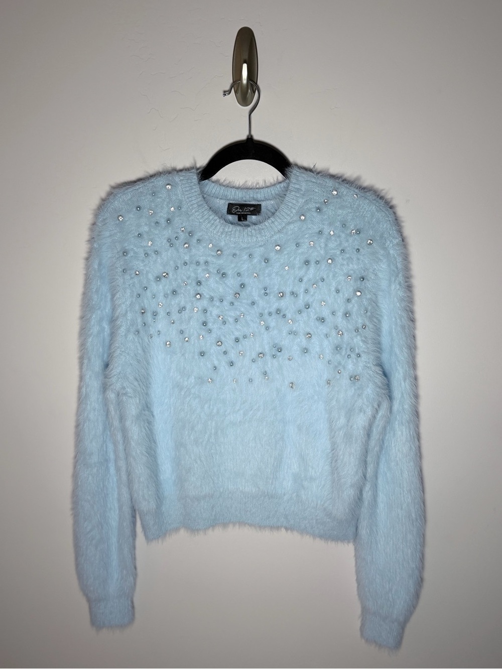 On 12th Baby Blue Faux-Fur Crewneck Sweater with Bead Embellishments Large